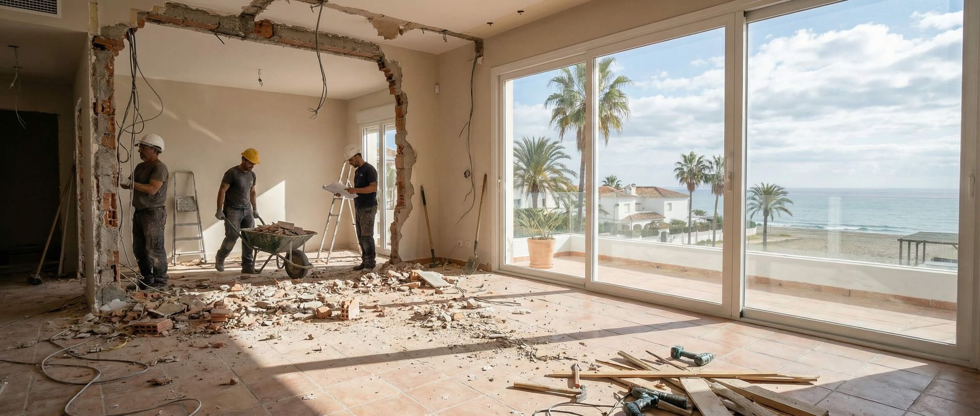 Sala de estar frente al mar dañada, en proceso de renovación, con escombros en el suelo y el océano visible a través de las puertas de cristal.