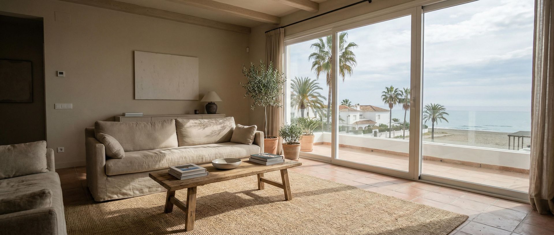 Luminoso salón con sofá y mesa de centro, con acceso a un patio soleado con vistas al mar a través de amplias puertas correderas de cristal.