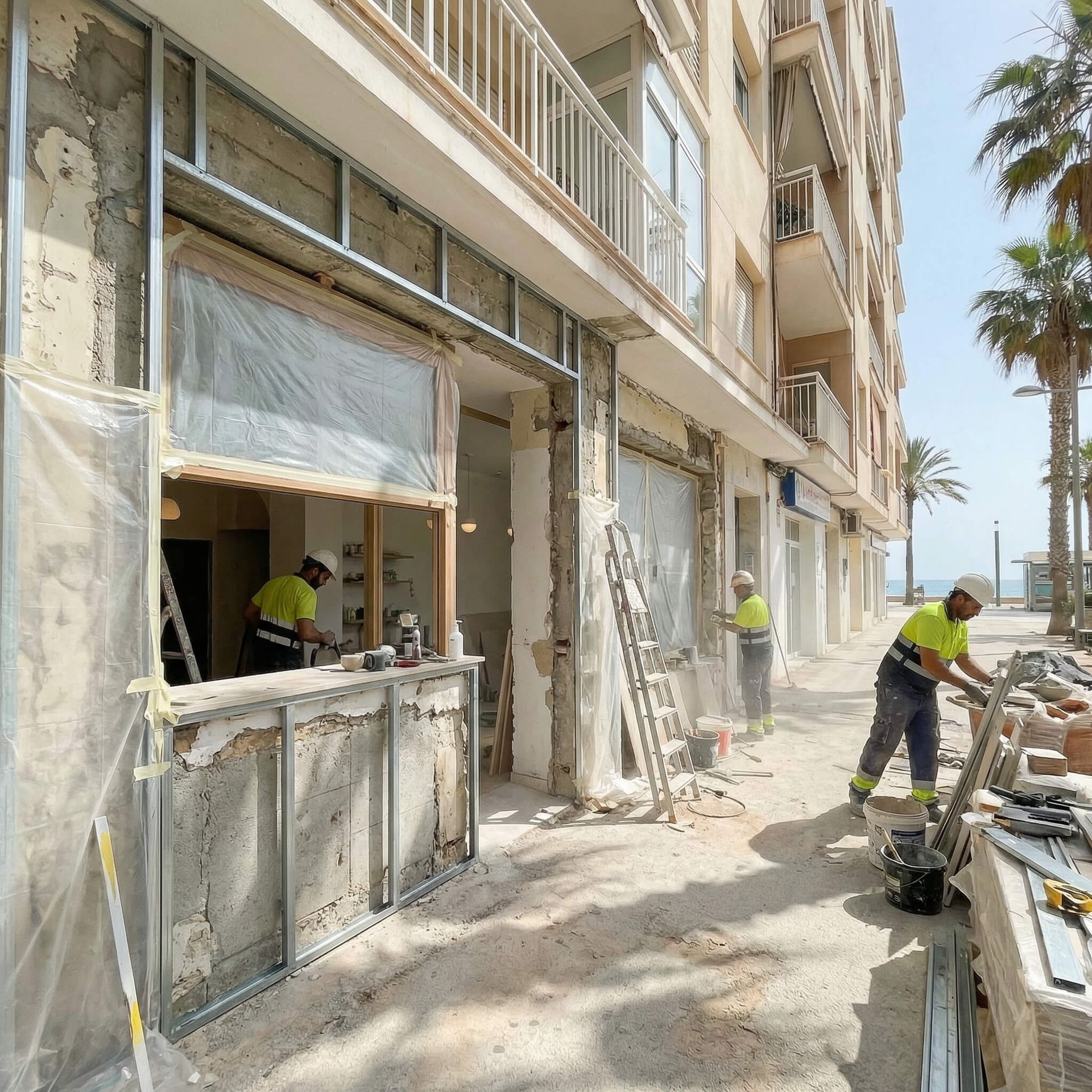 Obreros de la construcción reparan la fachada de un edificio junto a una acera polvorienta, con andamios y herramientas cerca.