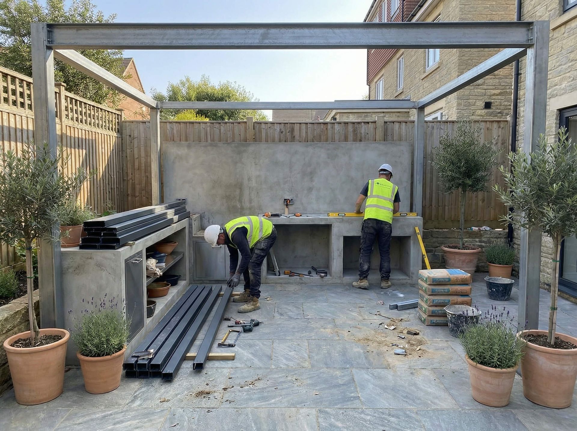 Dos trabajadores con chalecos reflectantes construyen un patio trasero con materiales apilados y una estructura parcialmente construida.