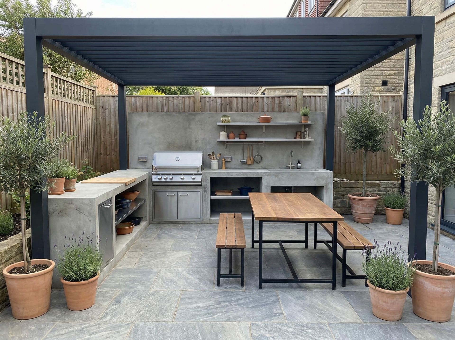 Patio exterior con pérgola, parrilla, mesa de comedor y plantas en macetas sobre suelo de grava.