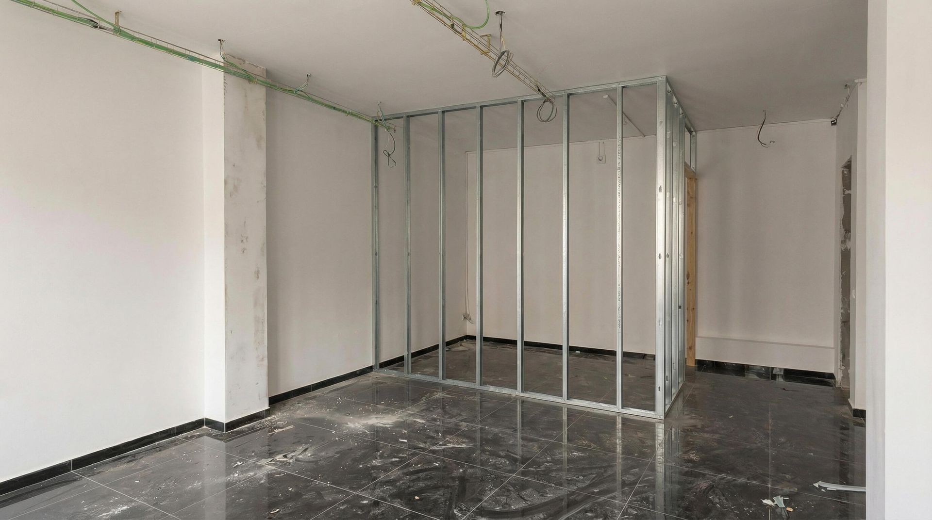 Habitación vacía en obras, con vigas metálicas a la vista y suelo de hormigón visto.