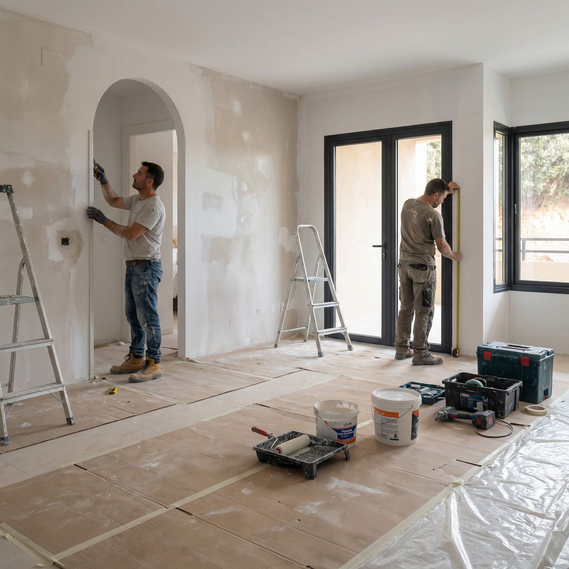 Dos personas pintando una habitación luminosa en obras, con escaleras y herramientas en el suelo.