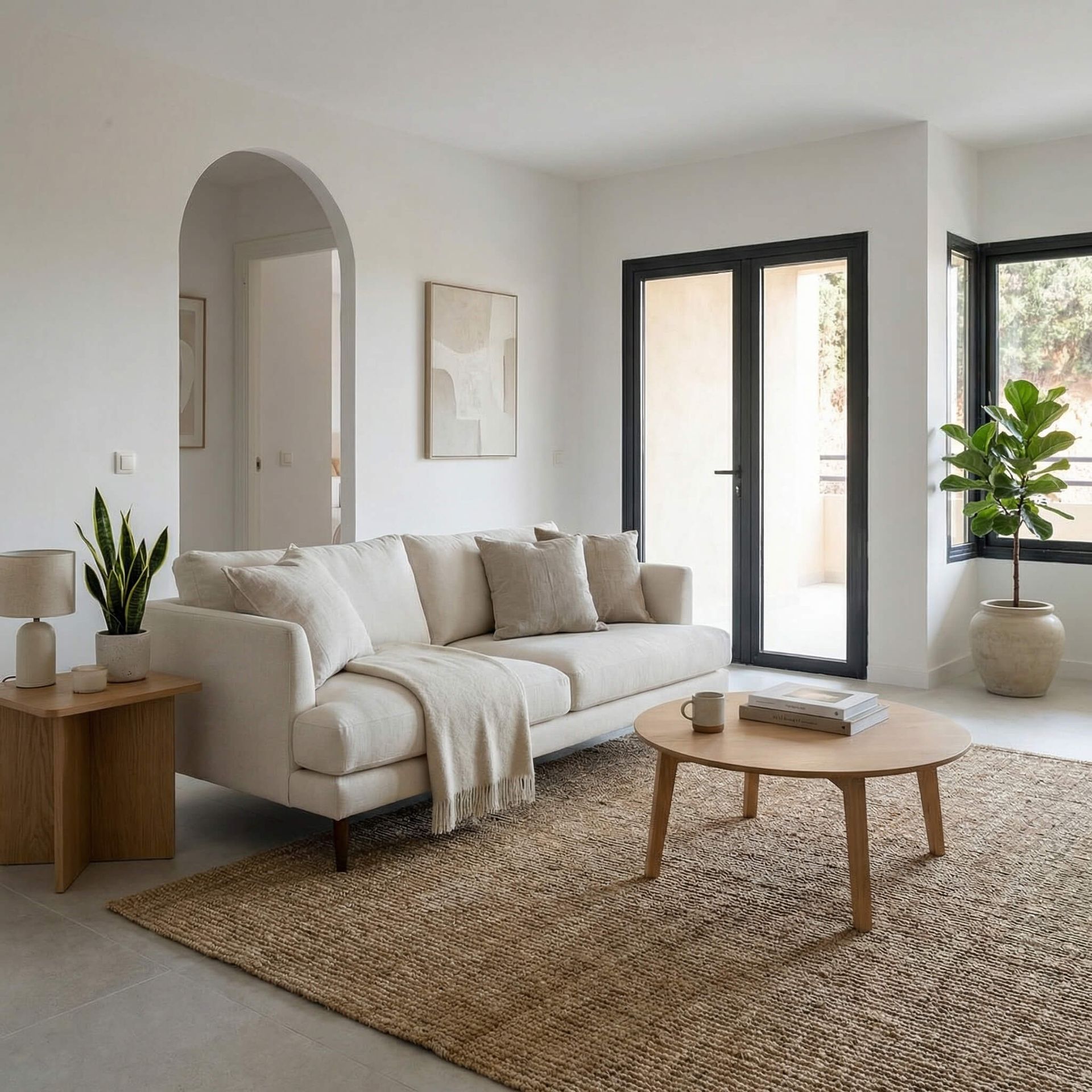Luminoso salón moderno con sofá color crema, mesa de centro de madera, plantas y puertas de cristal con marcos negros.