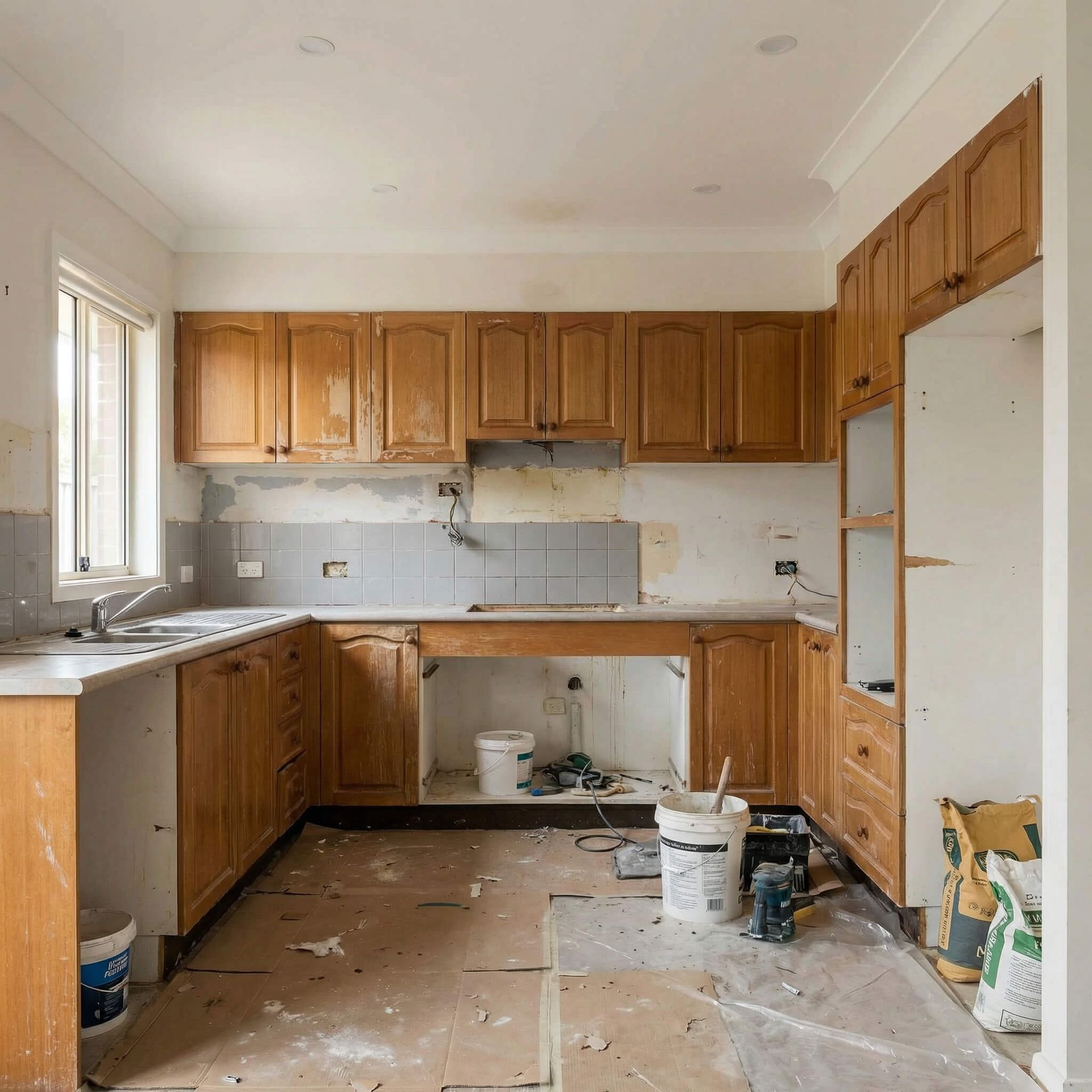 Cocina reformada con armarios de madera sin tratar, paredes blancas y escombros de construcción en el suelo.