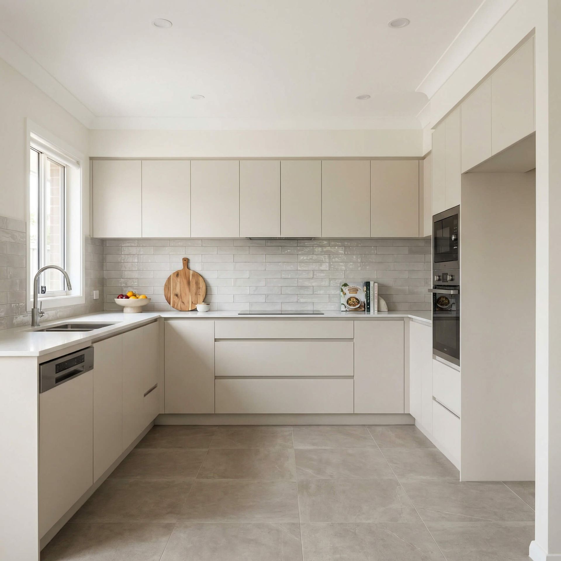 Cocina moderna de color beige con gabinetes gris claro, salpicadero de azulejos, ventana grande y horno empotrado.