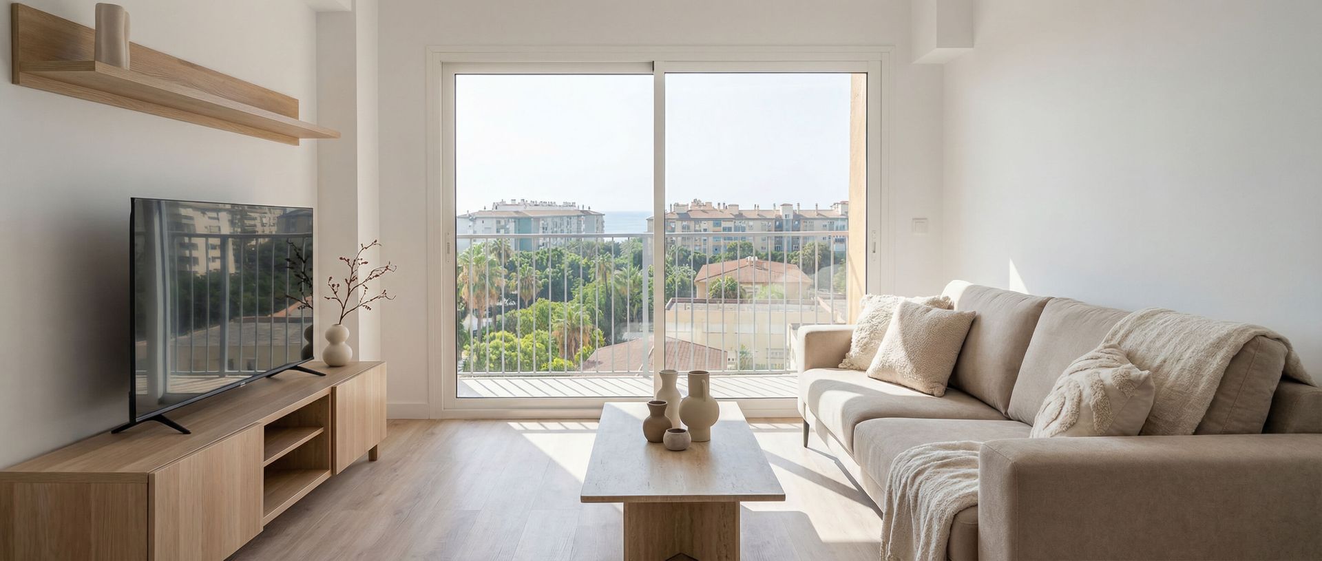 Luminoso salón con sofá beige, televisor, mesa de centro y grandes ventanales con vistas a zonas verdes.