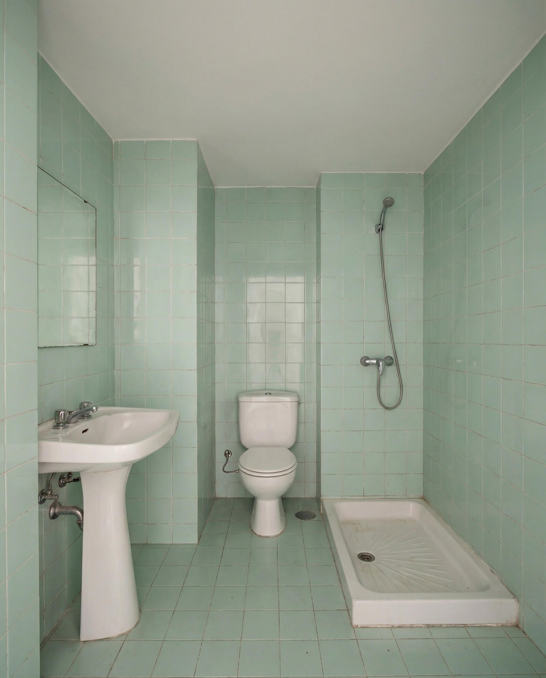 Baño con azulejos verde menta, lavabo, inodoro y ducha independiente.