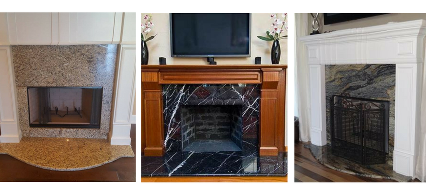 Three different fireplace designs featuring varied stone surrounds, marble textures, and mantel styles.