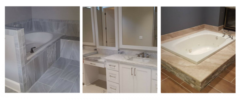 A collage of three bathroom views, showing a tiled bathtub, a white double vanity, and a drop-in soaking tub with tile.