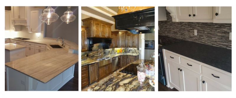 A triptych showing three different kitchen designs with varying cabinet colors, countertops, and lighting styles.