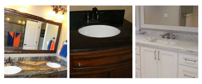 Three bathroom vanity styles: one with dark stone and wood, one with a black countertop, and one with white cabinets.
