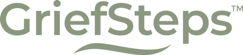 A logo for grief steps with an orange wave on a white background.