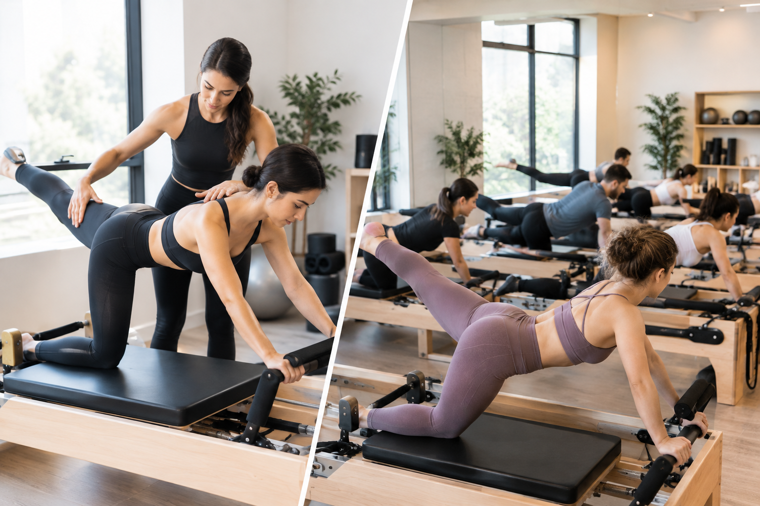Women doing mat exercises in a bright studio, with one instructor assisting and a mirror wall in the background
