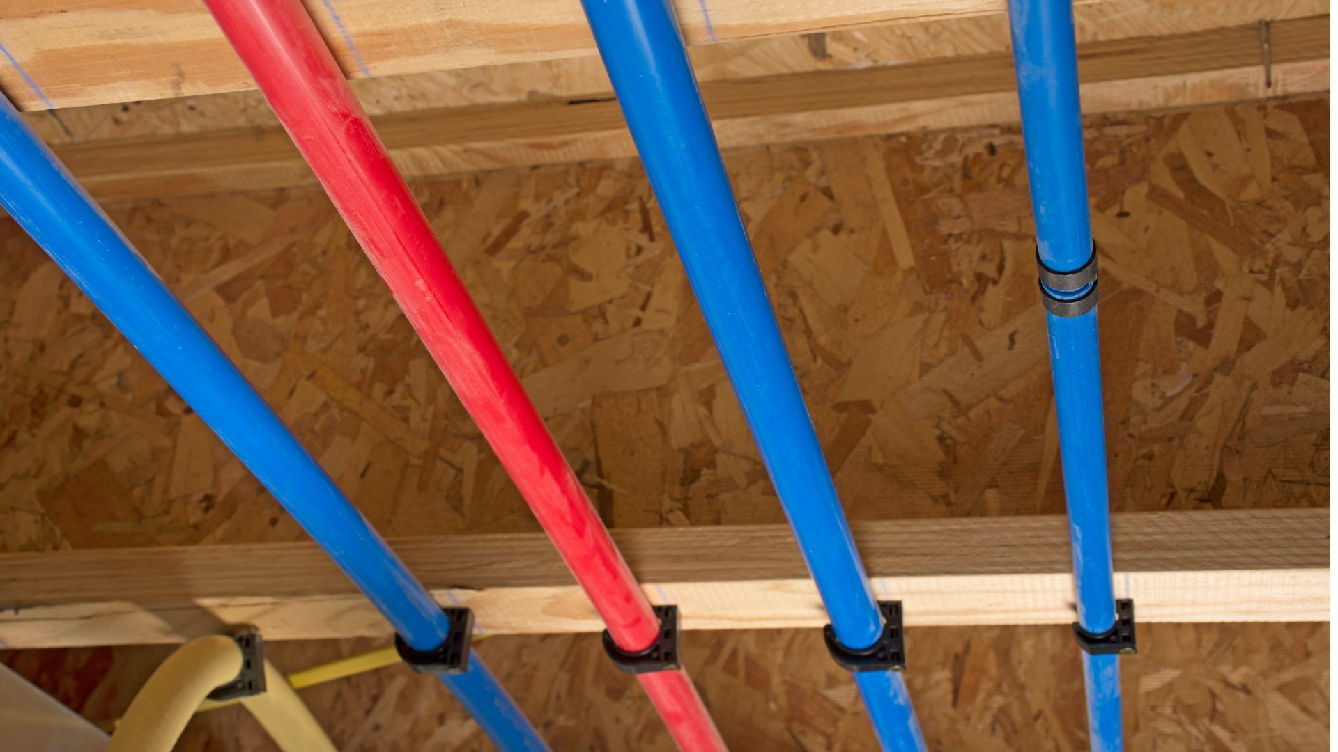 A bunch of red and blue pipes are hanging from the ceiling of a house.