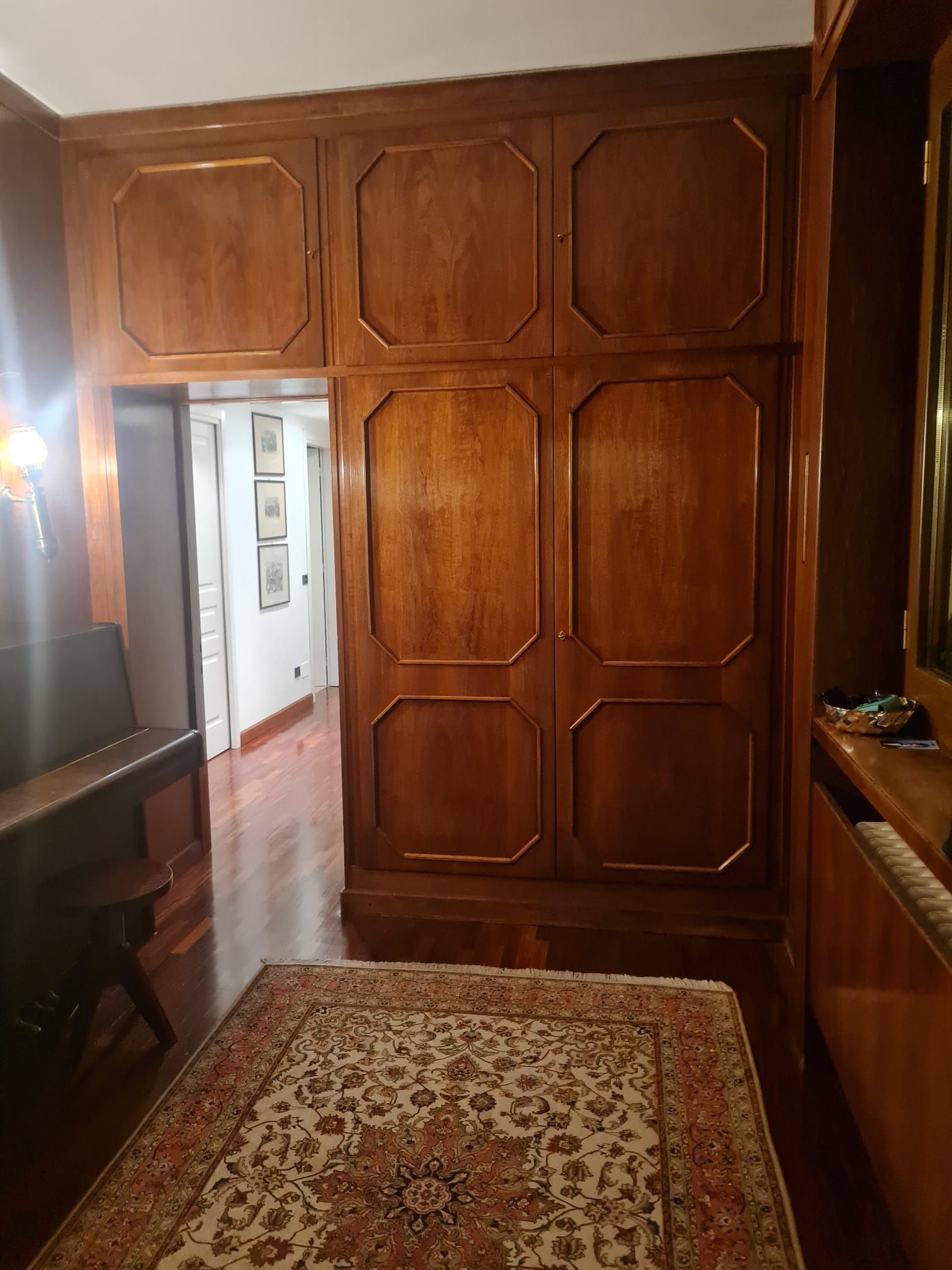 Armadio in legno con pannelli rettangolari, corridoio con pavimento in legno, tappeto a fantasia.
