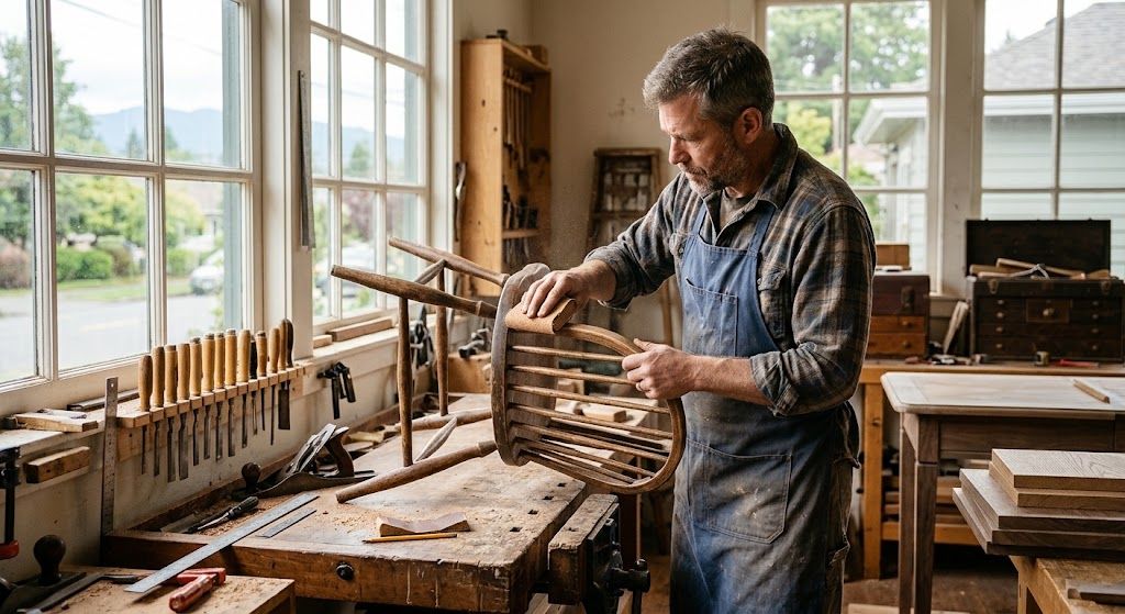 Craftsman working on a wooden frame in a sunlit workshop beside a large window