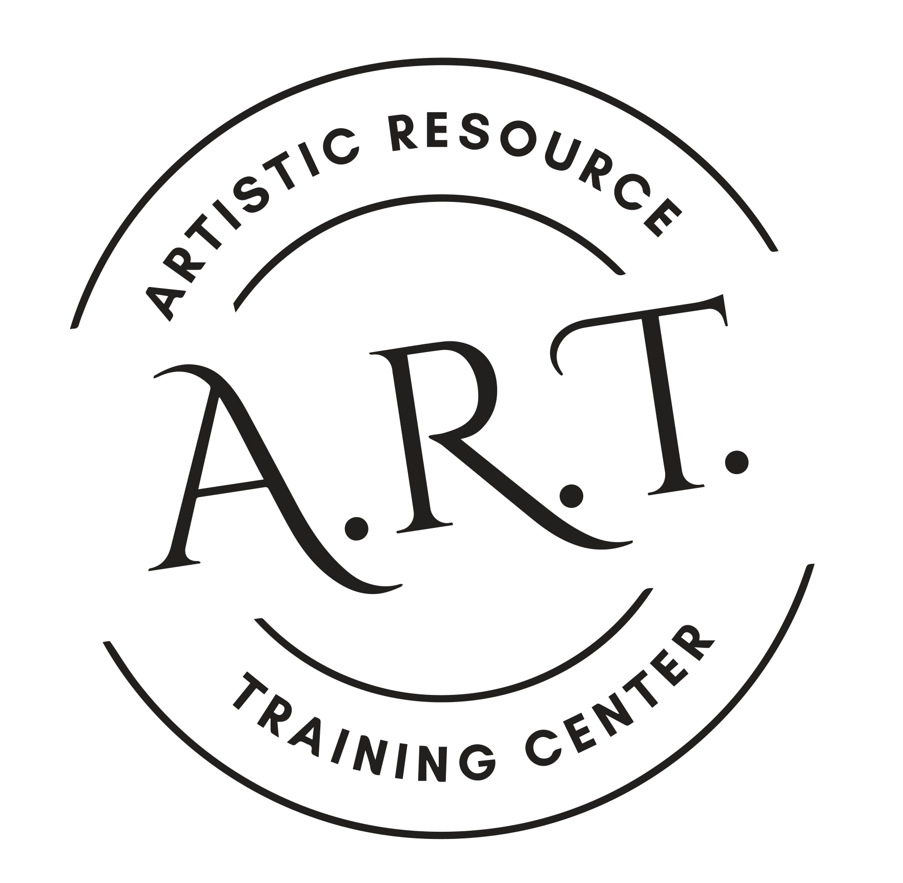 Black-and-white circular logo for Artistic Resource Training Center with “A.R.T.” in the center.