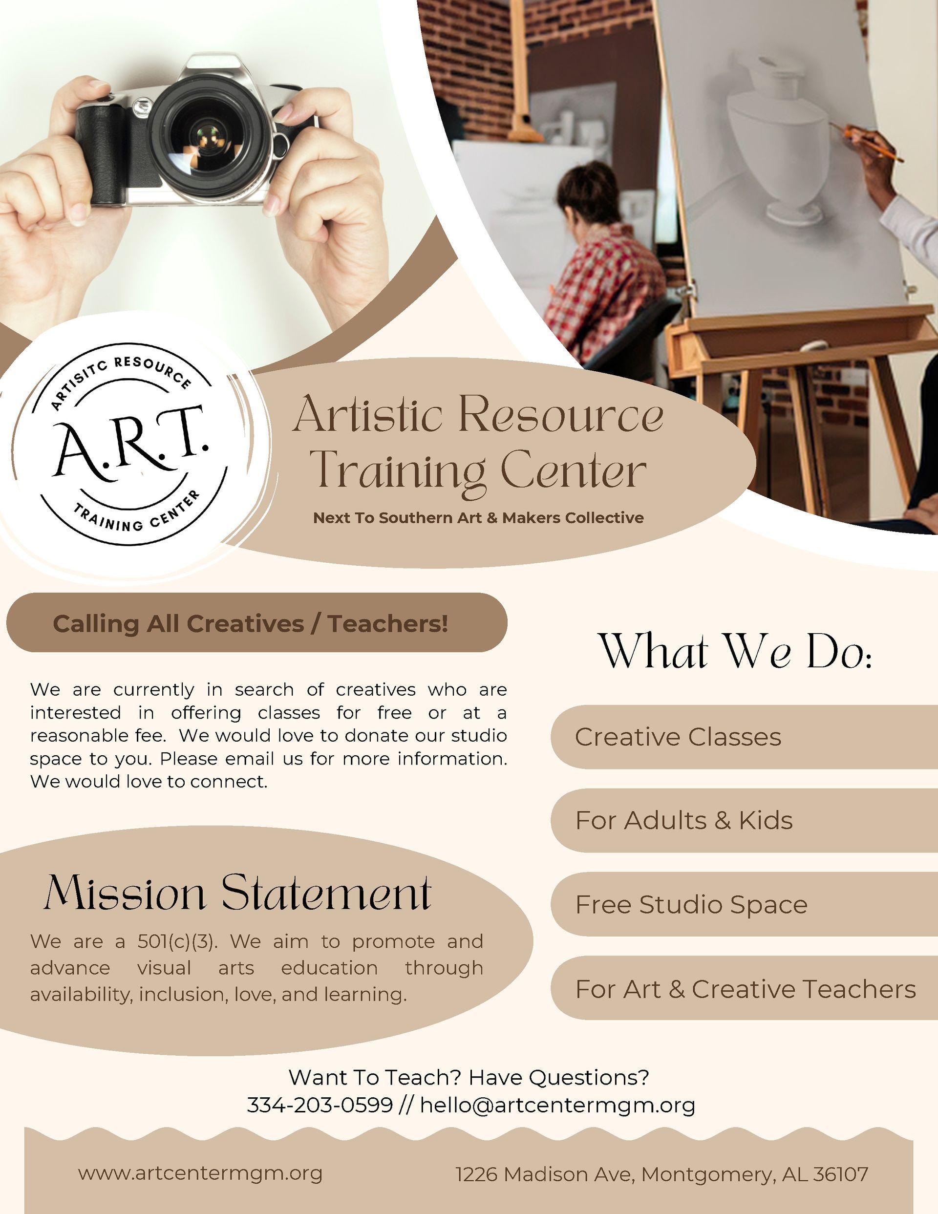 Art therapy training center flyer with beige tones, camera artwork, service list, and website/contact details