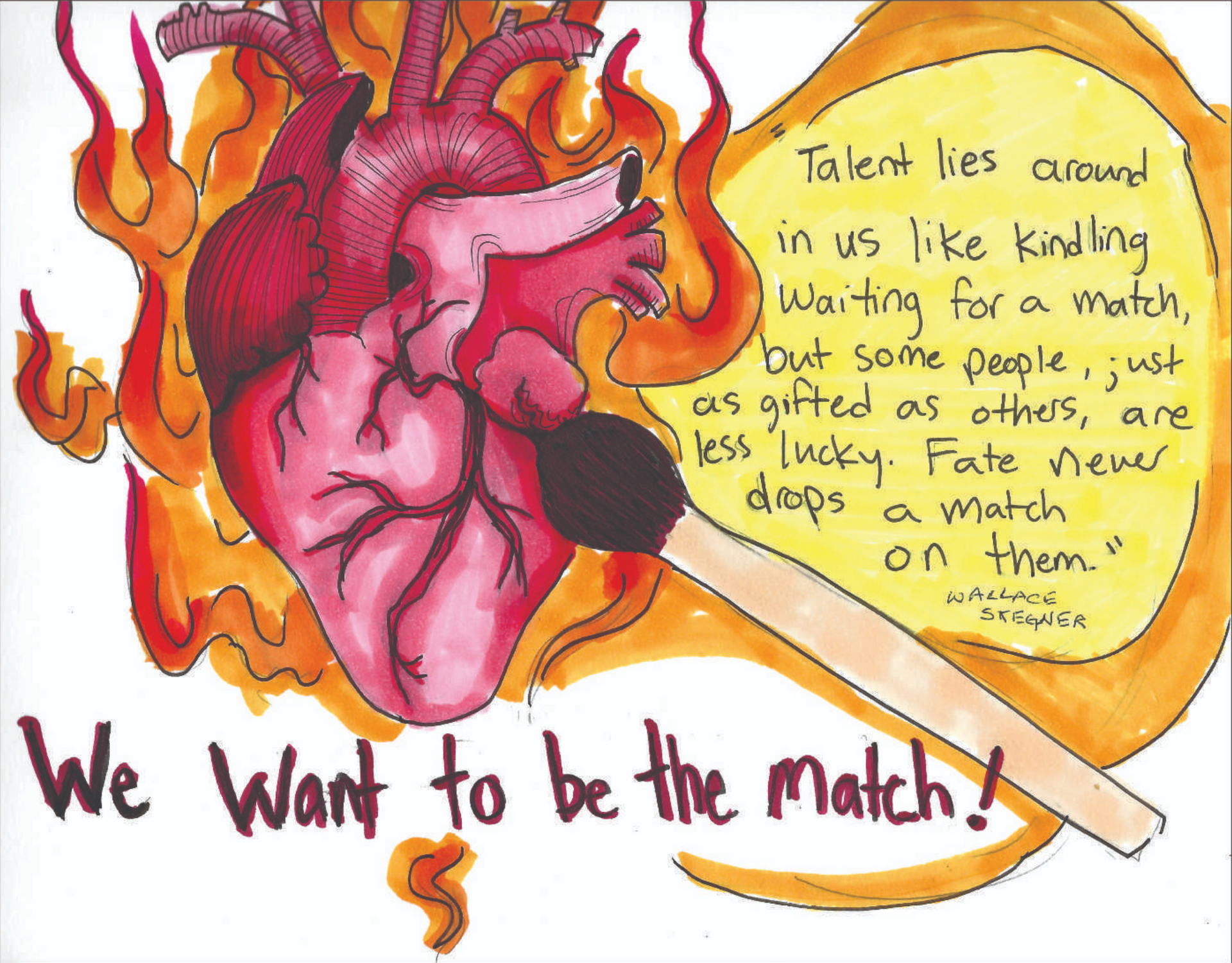 Illustrated heart with flames and speech bubble: “We want to be the match!”