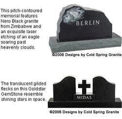 Two black memorial headstones labeled BERLIN and MIDAS, shown with engraved decorative text descriptions.
