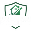 Green house icon inside a shield with an upward arrow, suggesting home growth or protection