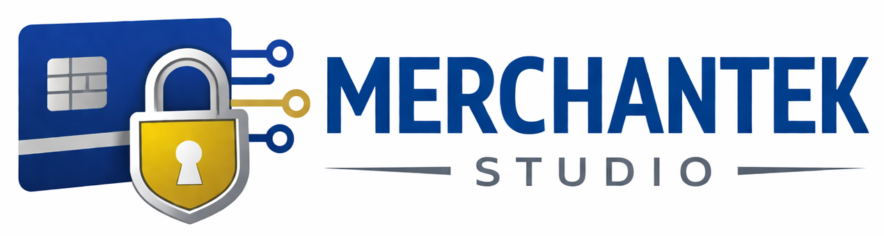 MerchantEK Studio logo with blue circuit icon and gold padlock