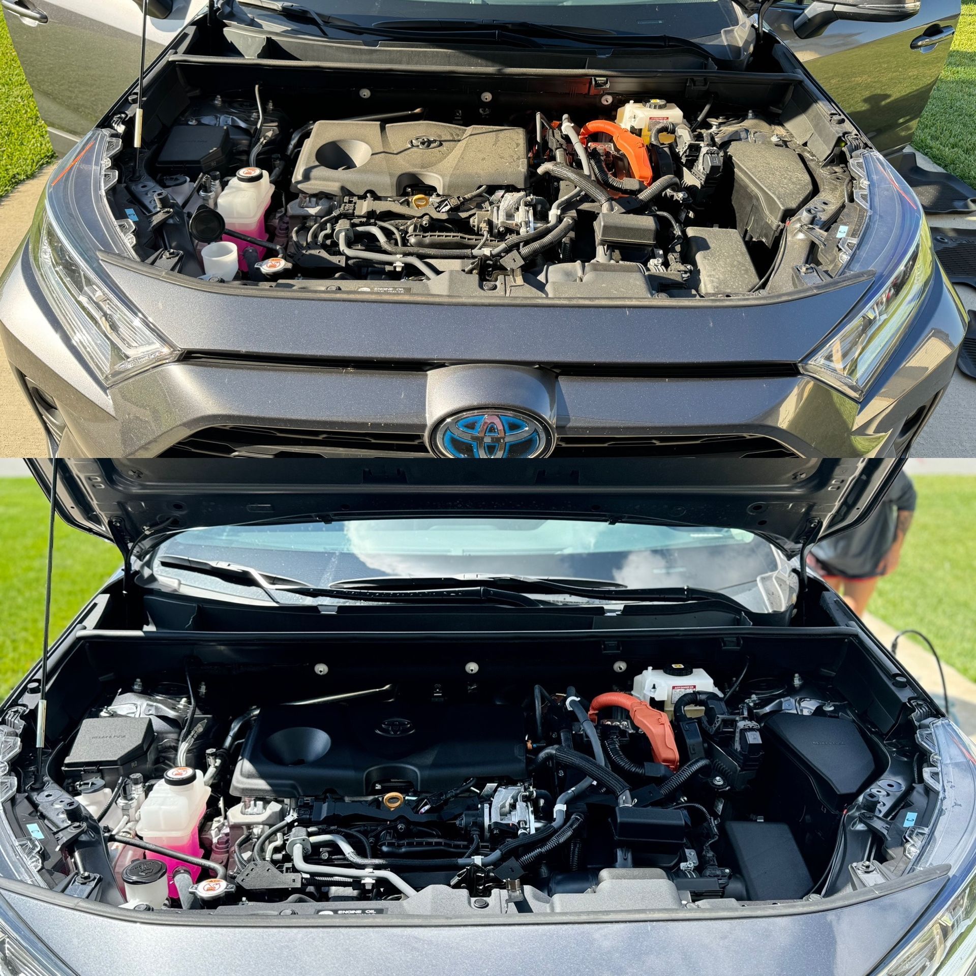 The hood of a car is open and the engine is visible