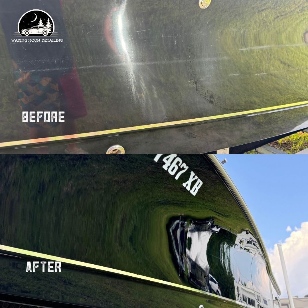 A before and after picture of a boat with the number 467 xb on it