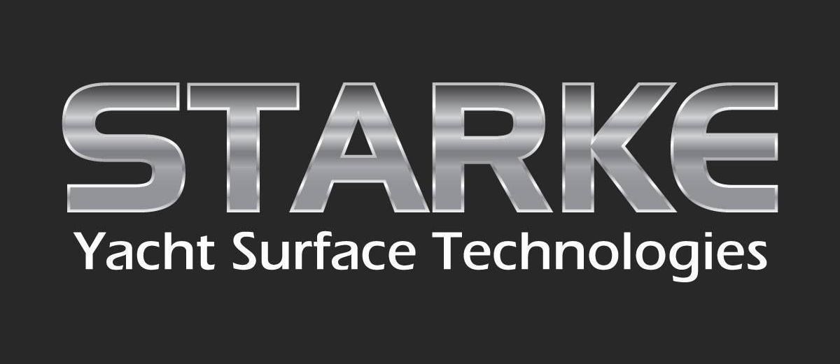 A logo for starke yacht surface technologies on a black background