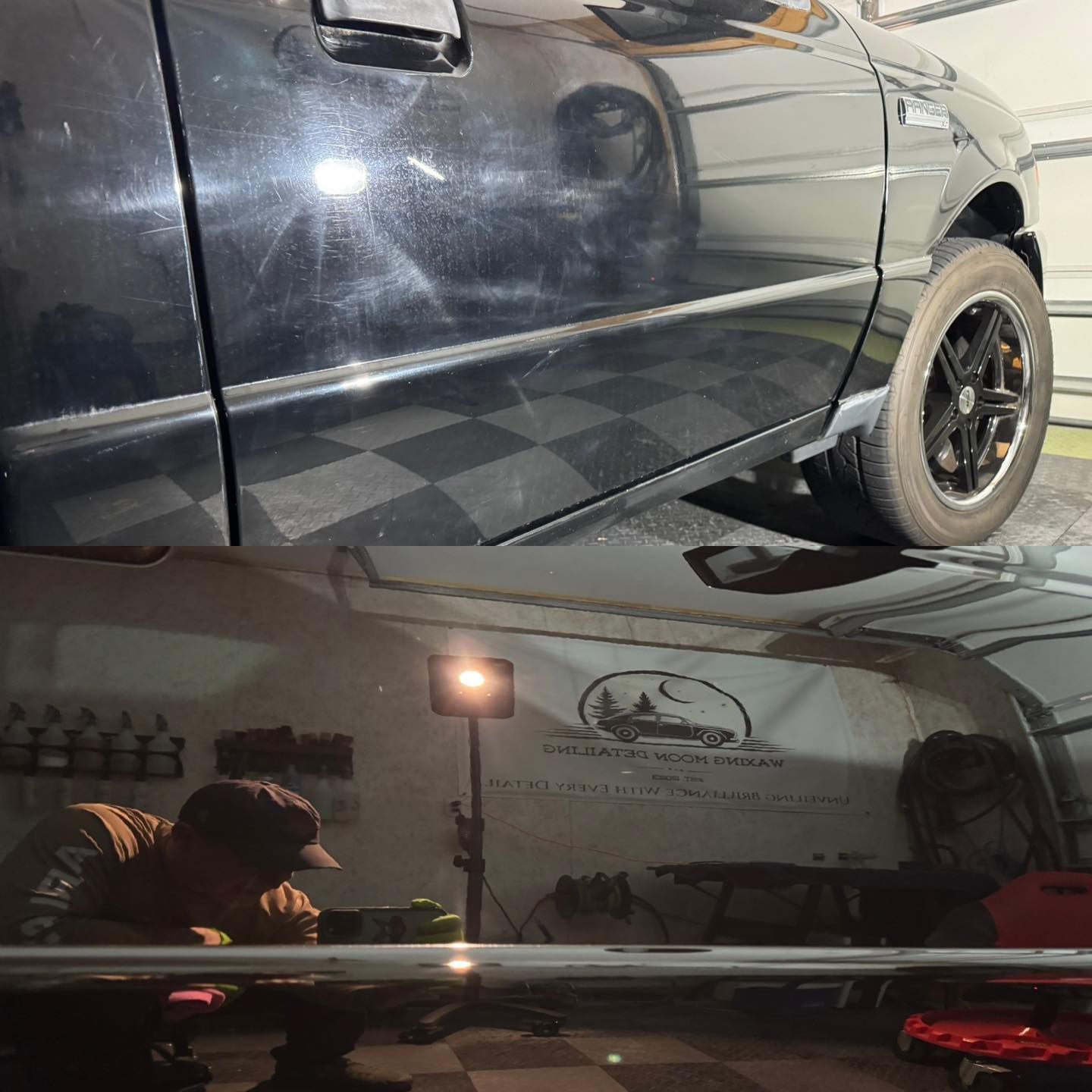 A man is polishing a white car with a machine.