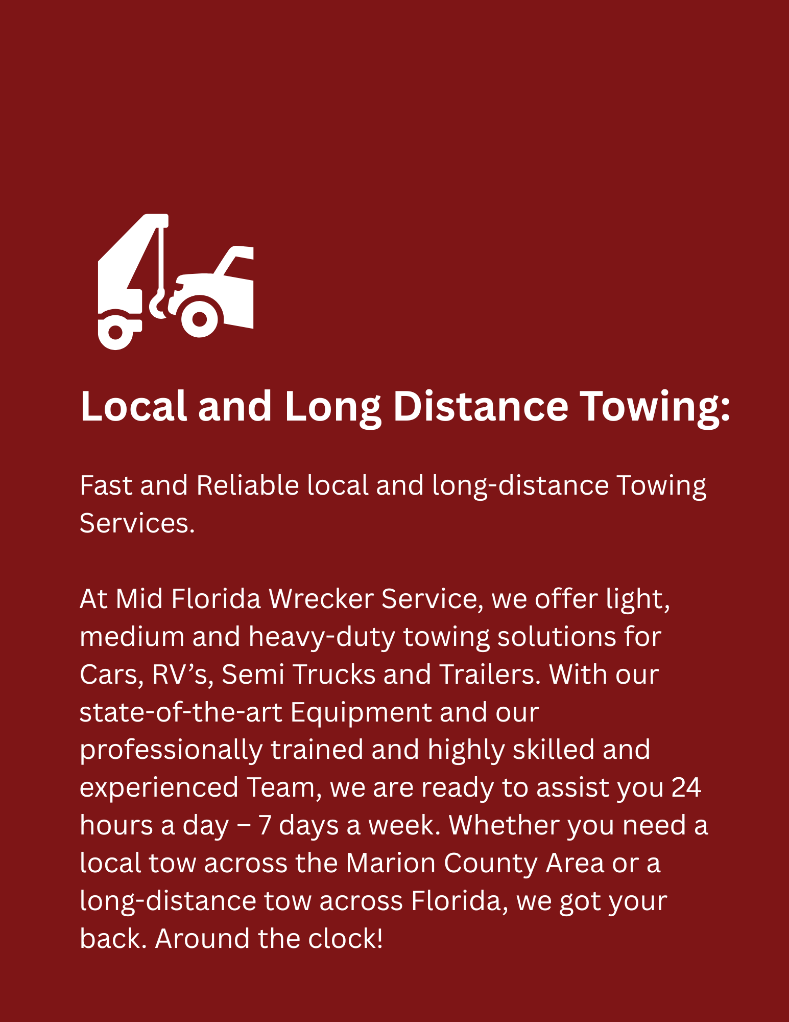 White icon of a tow truck towing a car, red background, text: 