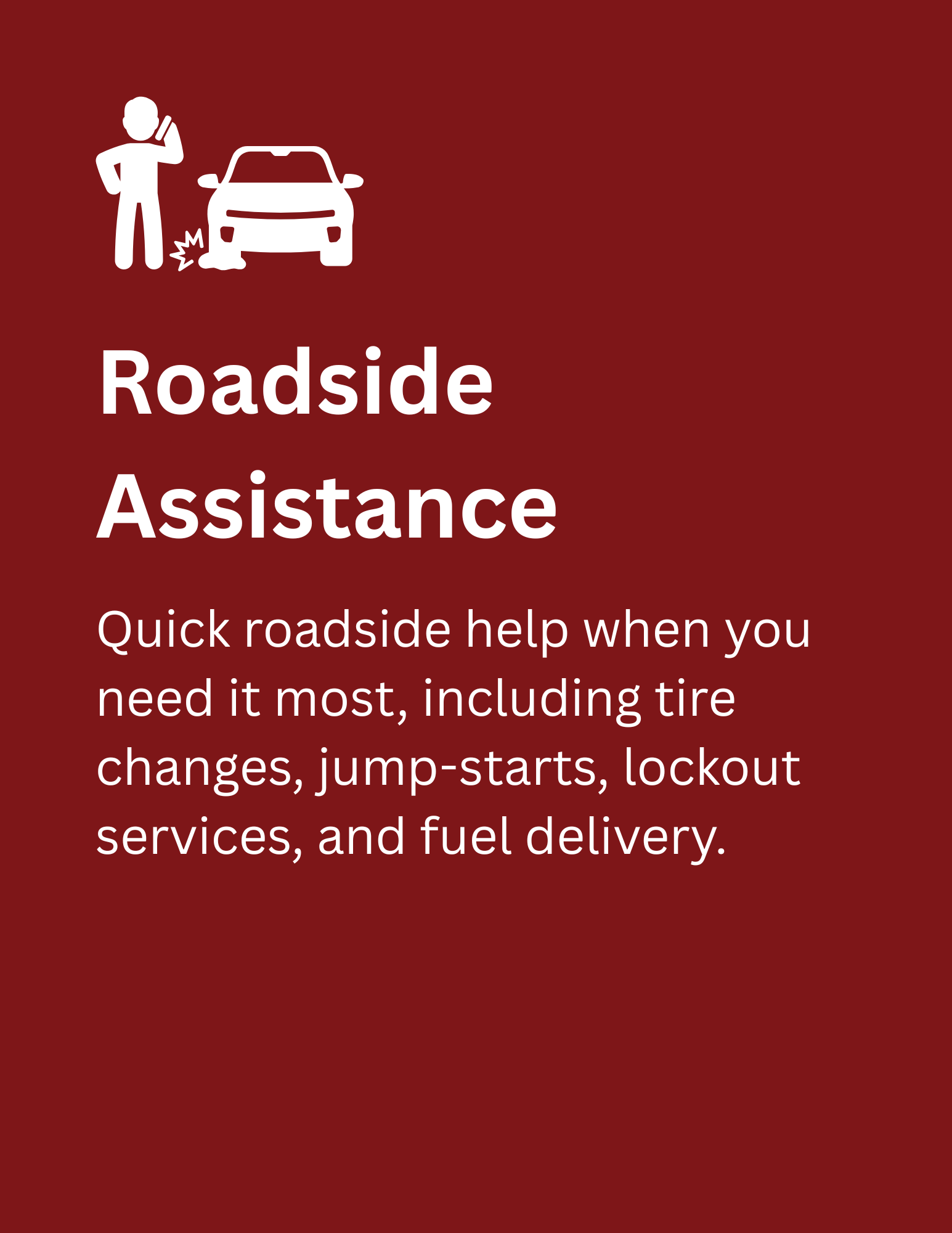 Roadside Assistance icon with a person near a car, dark red background. Text lists services like tire changes.