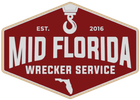 Mid Florida Wrecker Service logo: Red hexagon with white text and a hook graphic. Est. 2016. Florida outline at bottom.