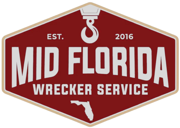 Mid Florida Wrecker Service logo: Red hexagon with white text and a hook graphic. Est. 2016. Florida outline at bottom.