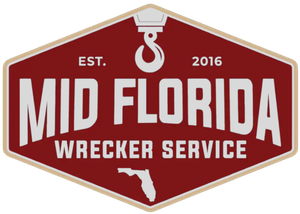 Mid Florida Wrecker Service logo: Red hexagon with white text and a hook graphic. Est. 2016. Florida outline at bottom.