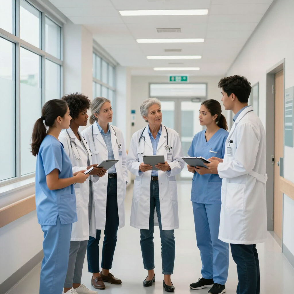 A group of medical professionals in scrubs and white coats standing in a hospital hallway and having a discussion.