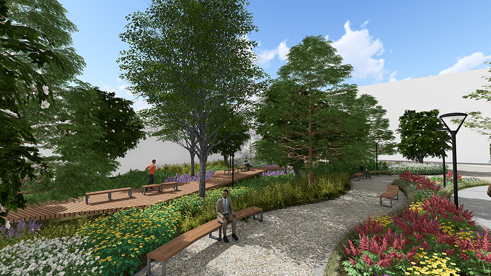 A digital rendering of LOUMED Commons with gravel paths, wooden benches, lush landscaping, mature trees, and modern lighting.