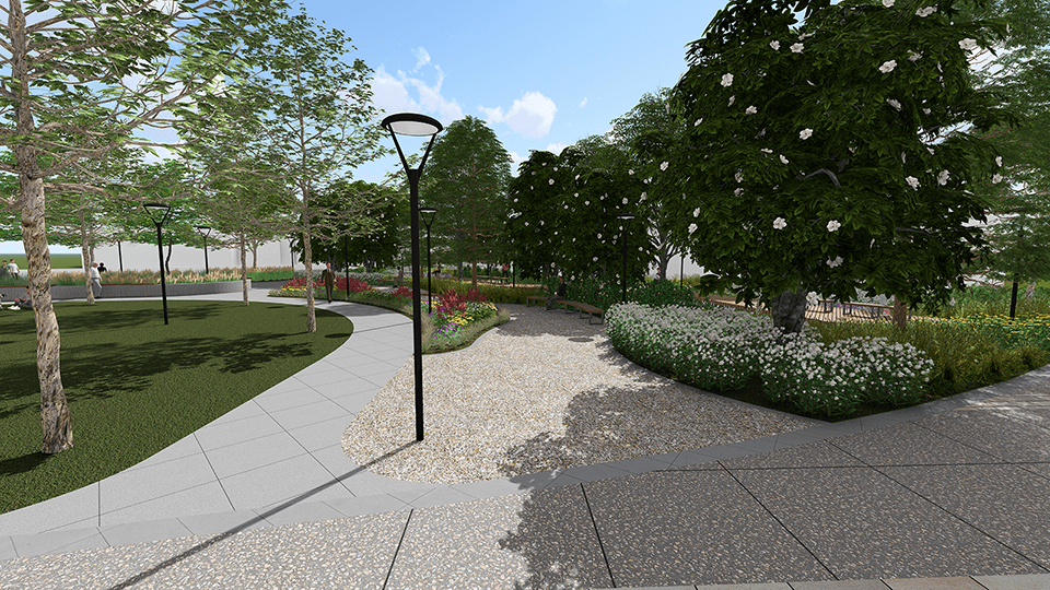 A LOUMED landscape design rendering featuring a gravel path, a paved walkway, lush green trees, shrubs, and a modern street lamp.