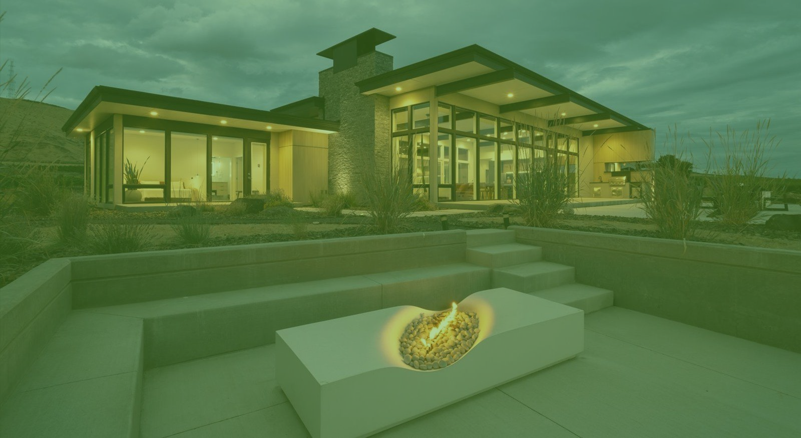 A green background of a modern house in a vineyard.