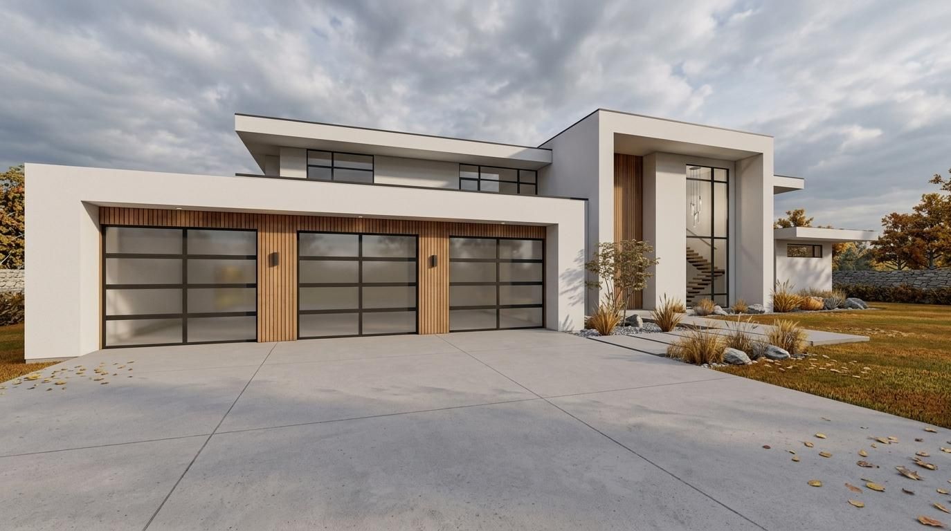 A large modern house with a lot of windows is sitting on top of a lush green field.