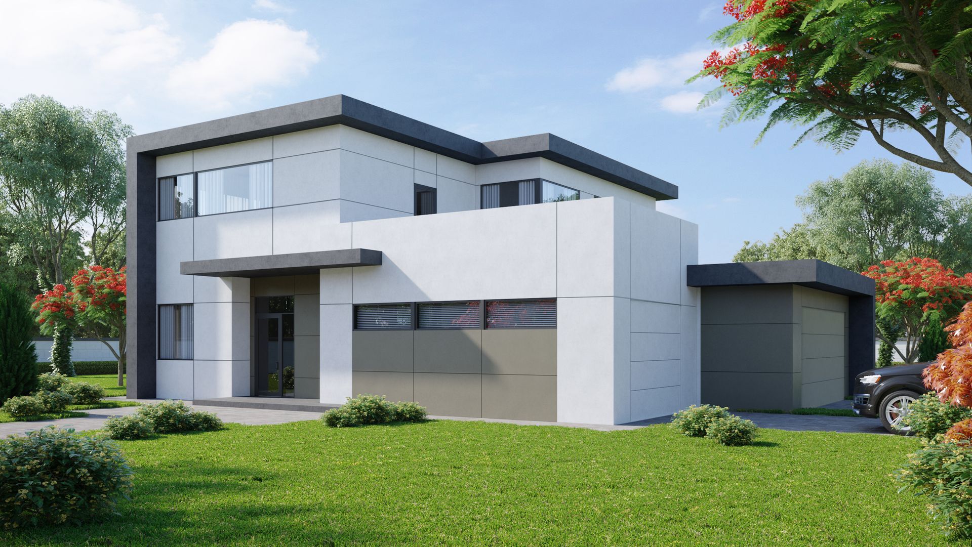 An artist 's impression of a modern house with a car parked in front of it.