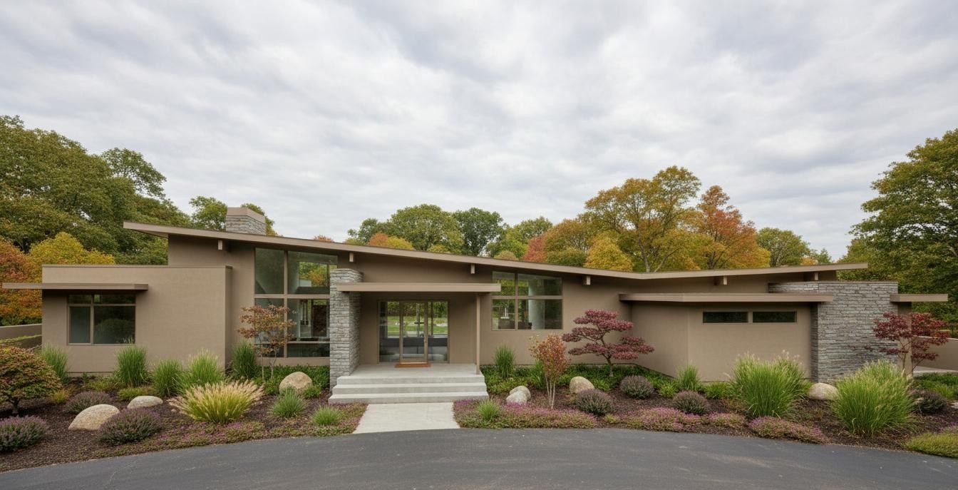 A rendering of a modern house with a lot of windows and trees in the background.