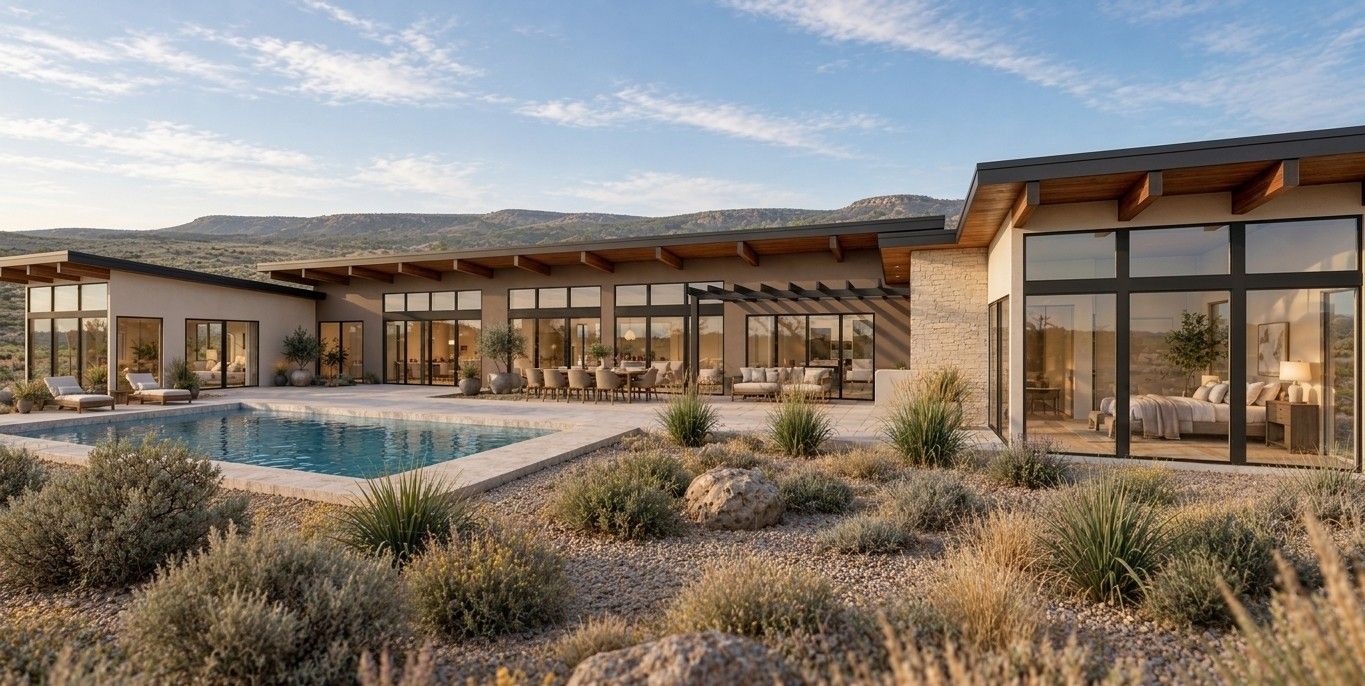 An artist 's impression of a modern house with a pool in the backyard.