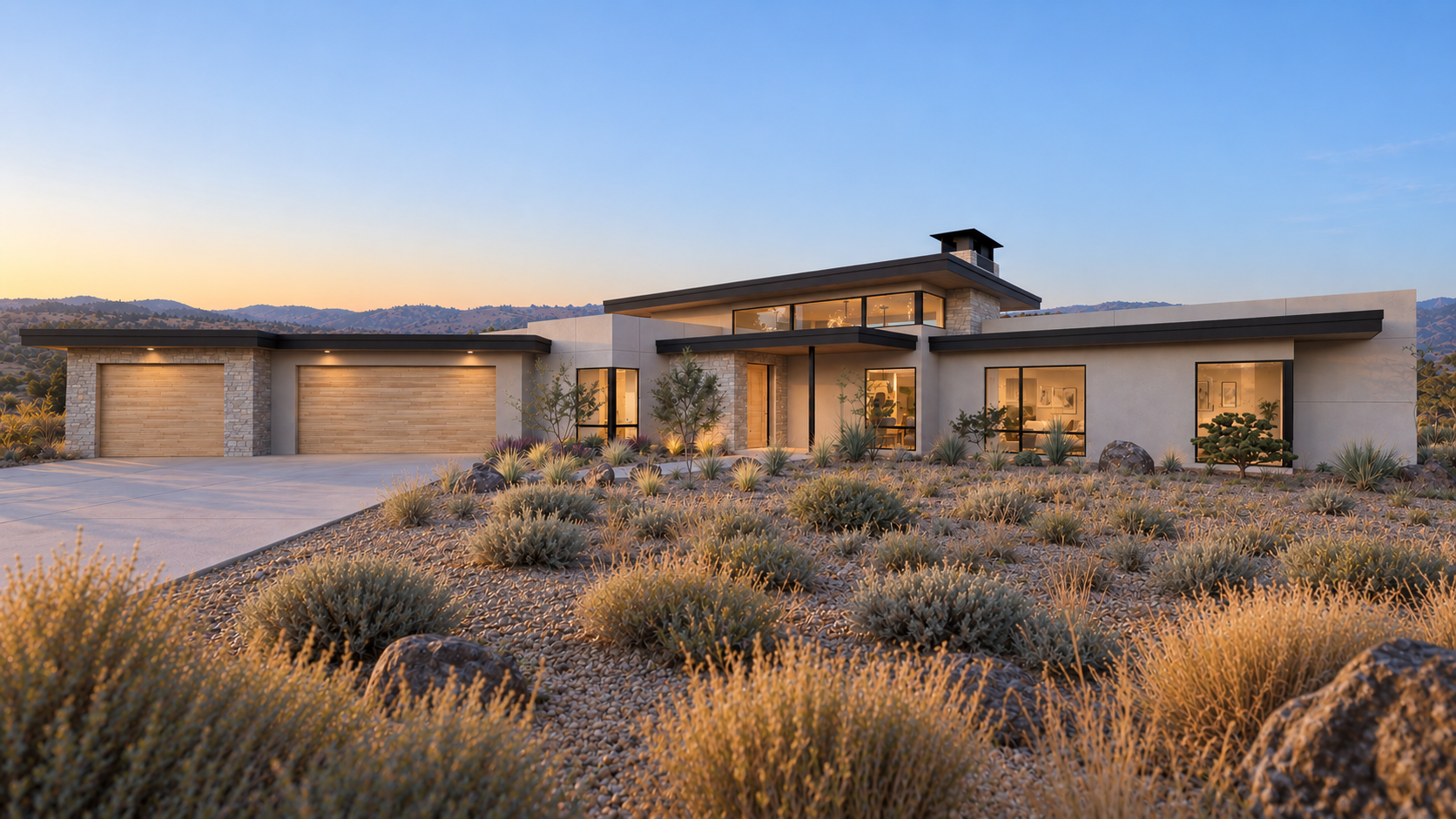 Modern, single-story house with a flat roof, attached garage, and landscaped yard.