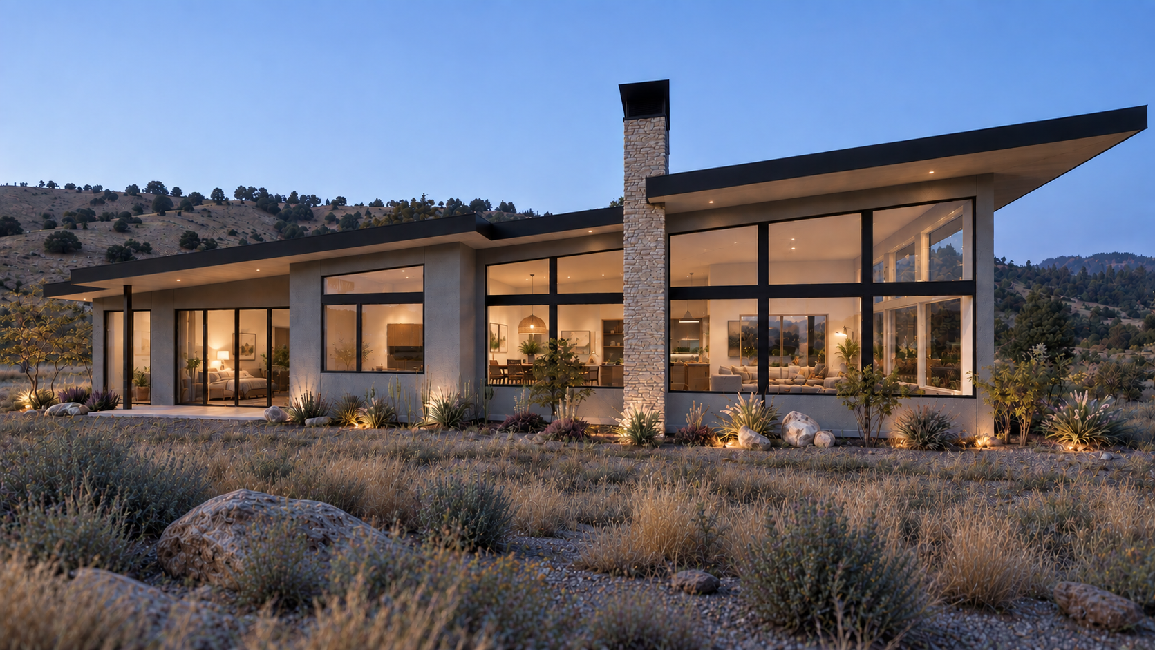 A modern house with a lot of windows is sitting on top of a lush green field.