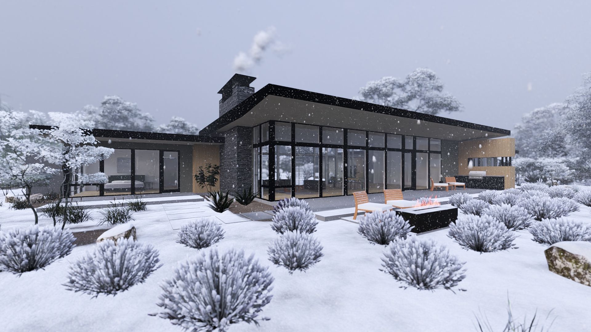A house with a lot of windows is surrounded by snow and trees.