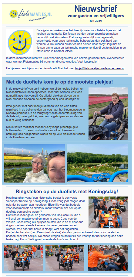 Het is de nieuwsbrief voor gasten en vrijwilligers van Fietsmaatjes Haarlemmermeer