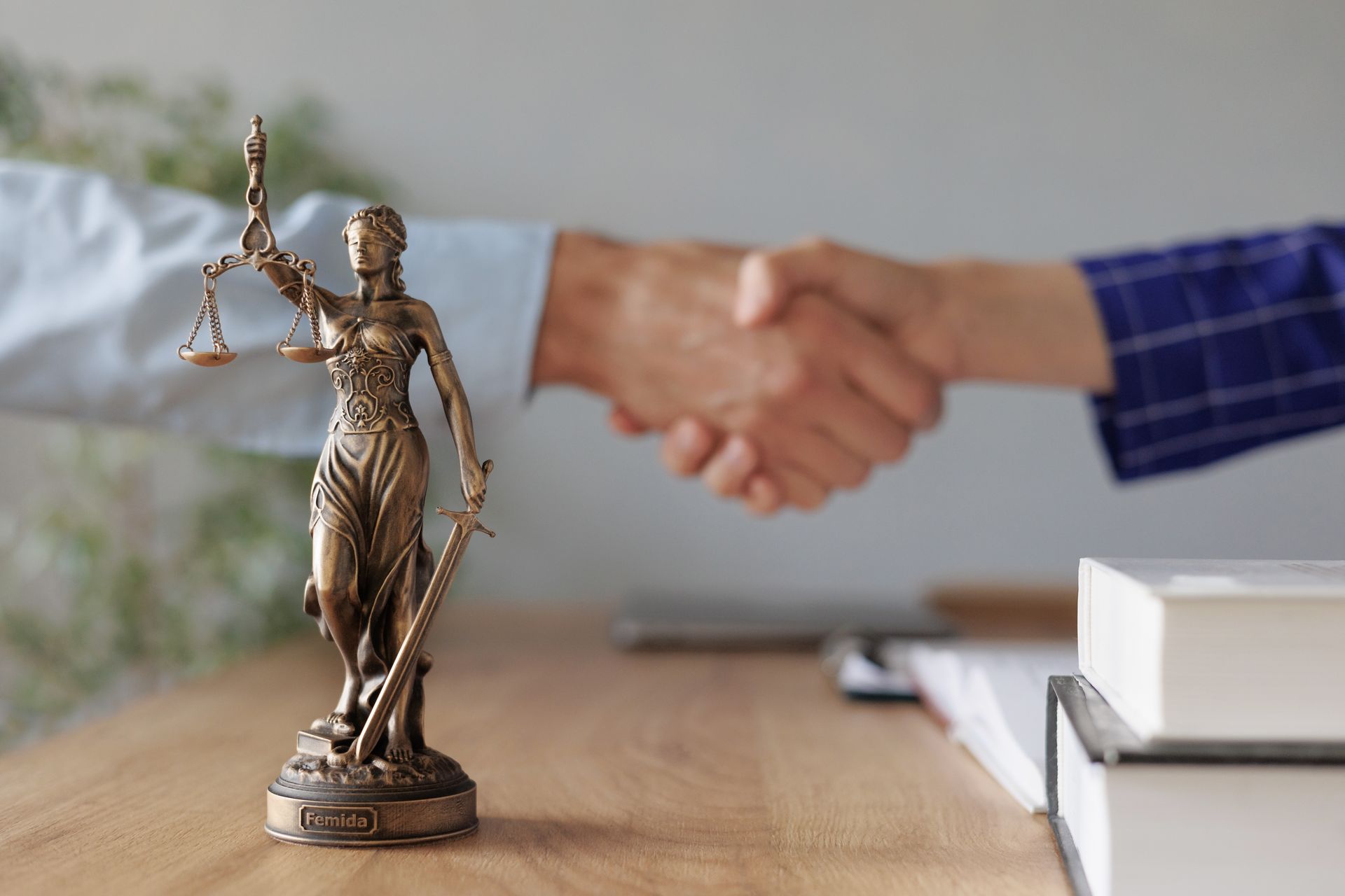 A bronze statue of Lady Justice holding scales and a sword on a wooden table.