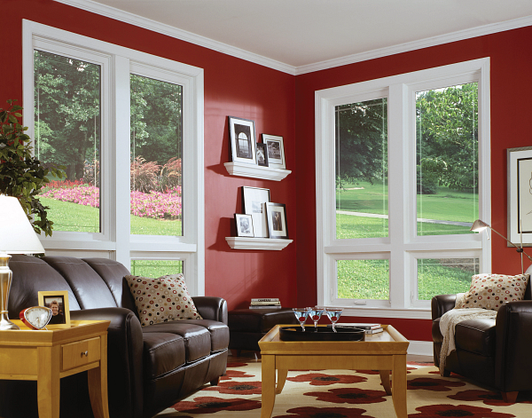Bright living room with red walls, large windows, leather sofas, and a patterned rug